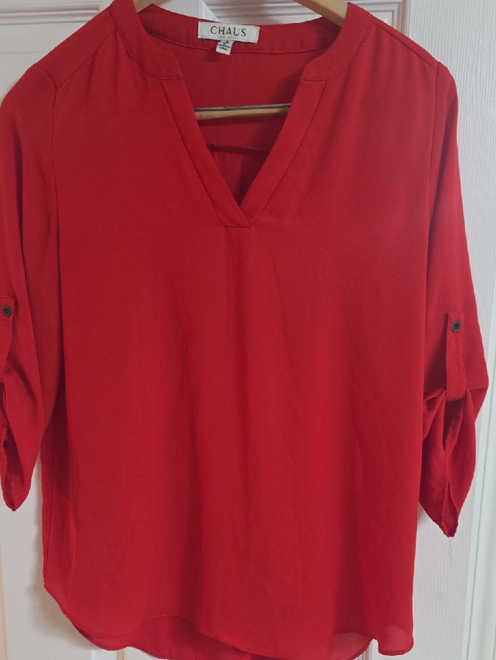 Chaus Red Split-Neck Roll-Tab Sleeve Blouse